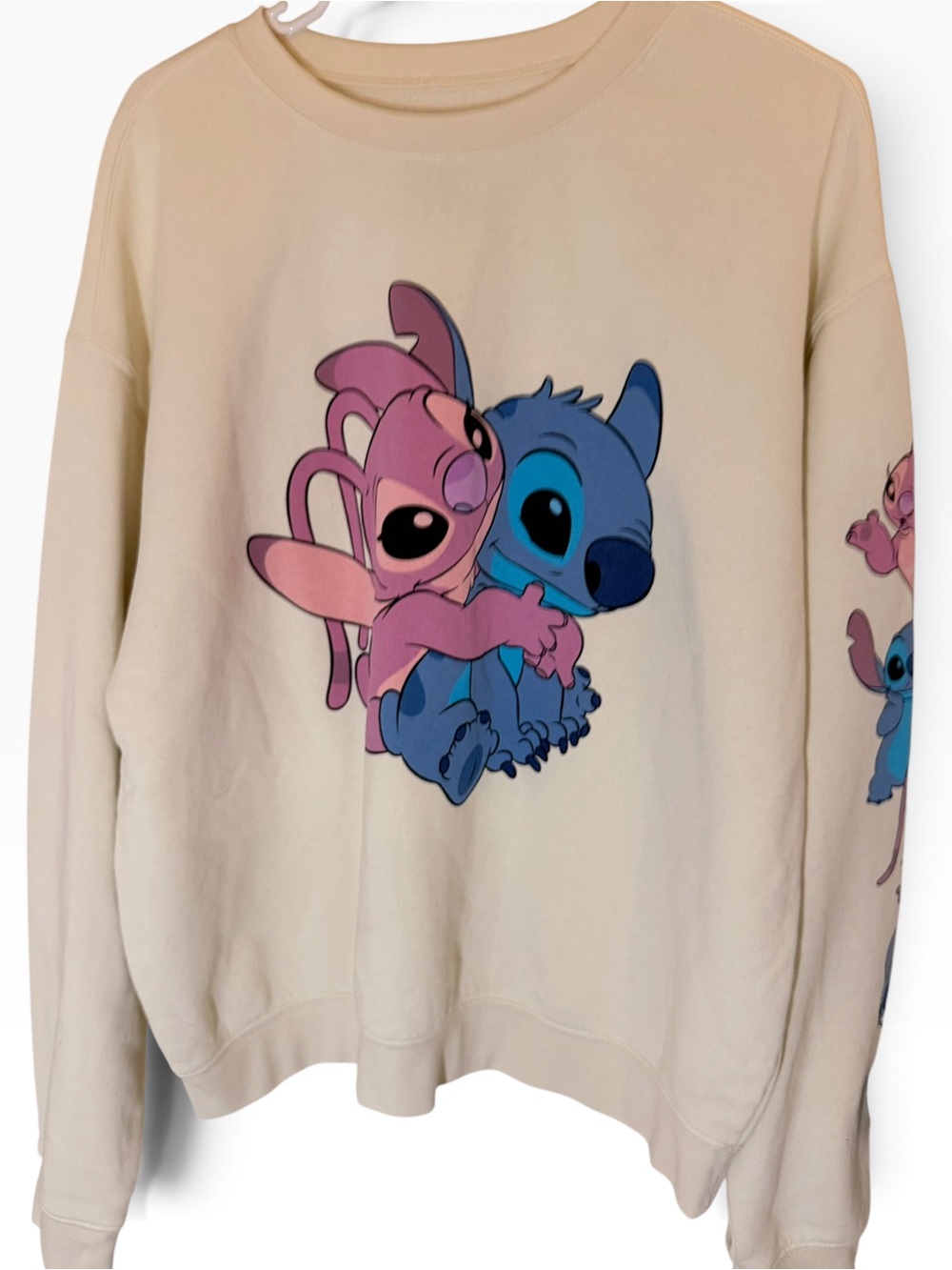 (Size XL) Disney Lilo & Stitch, and Angel Cream graphic crewneck sweatshirt